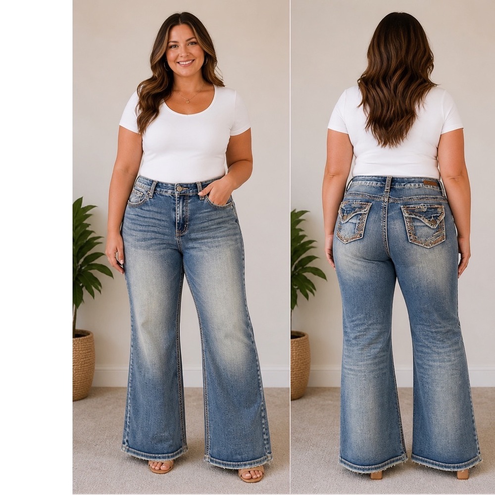 Ariya Jeans Womens 13/14 Wide Leg Medium Wash Embroidered Flap Pocket Y2K Denim